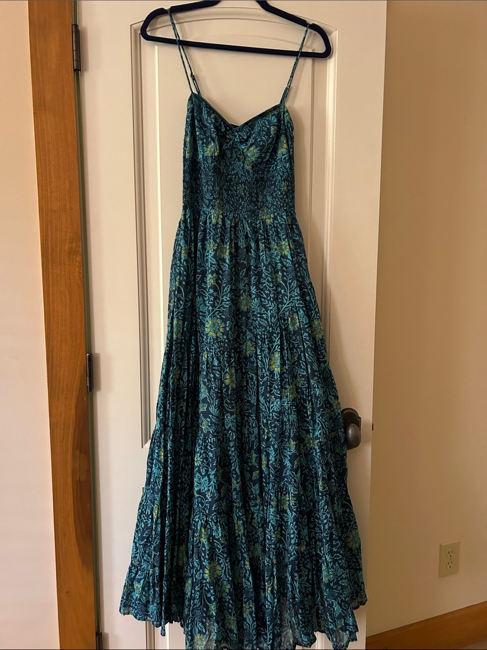 Free People Teal Floral Maxi Dress with Spaghetti Straps